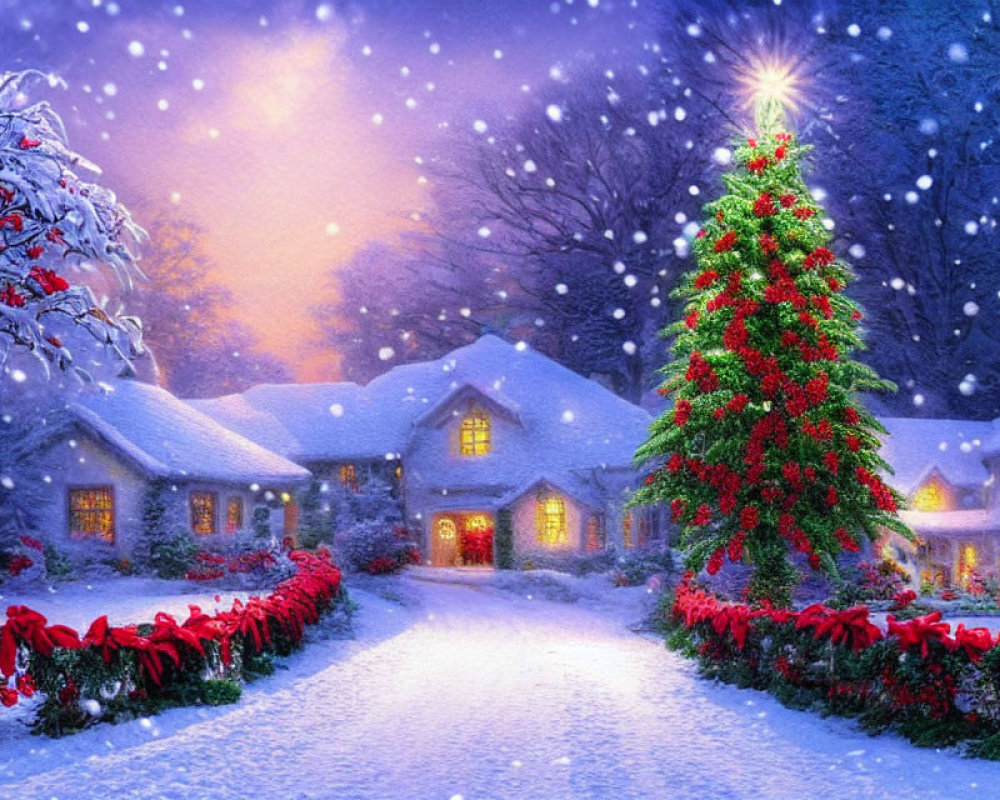 Snow-covered houses and Christmas tree in winter scene.