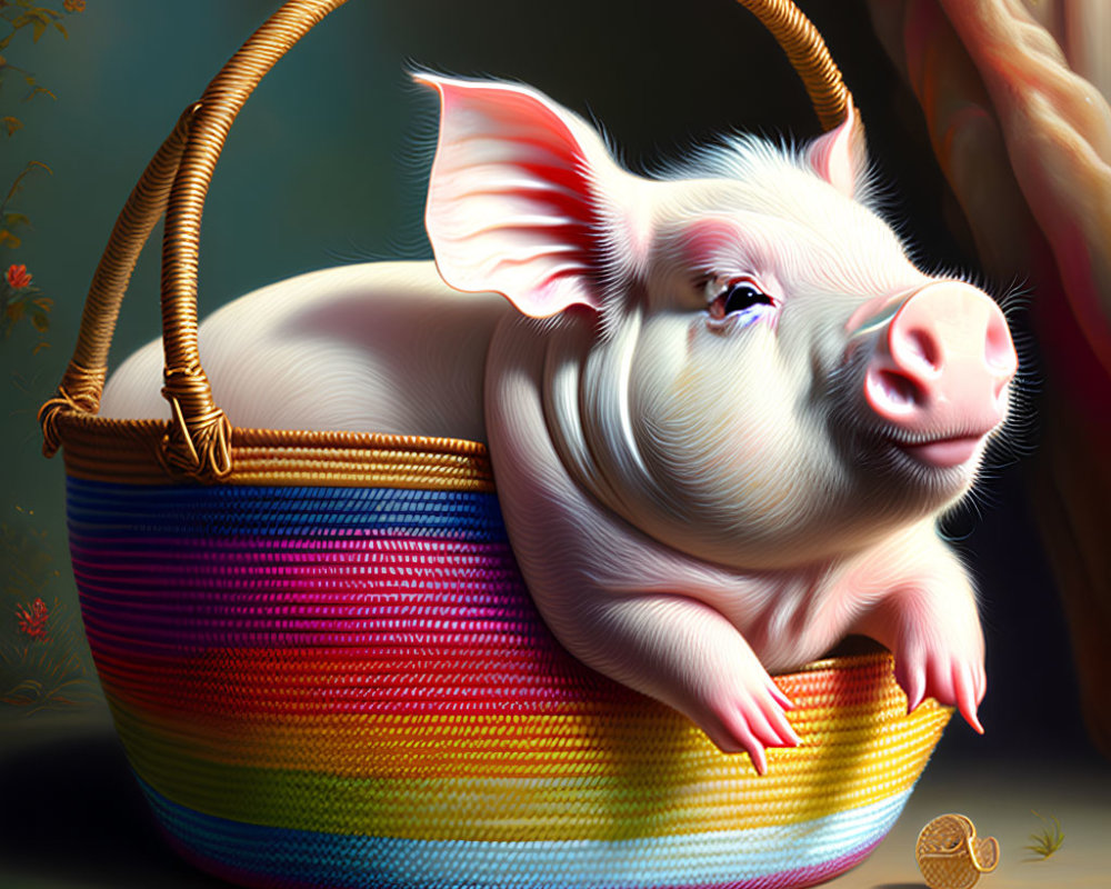 Content piglet in colorful basket with coins and flowers.