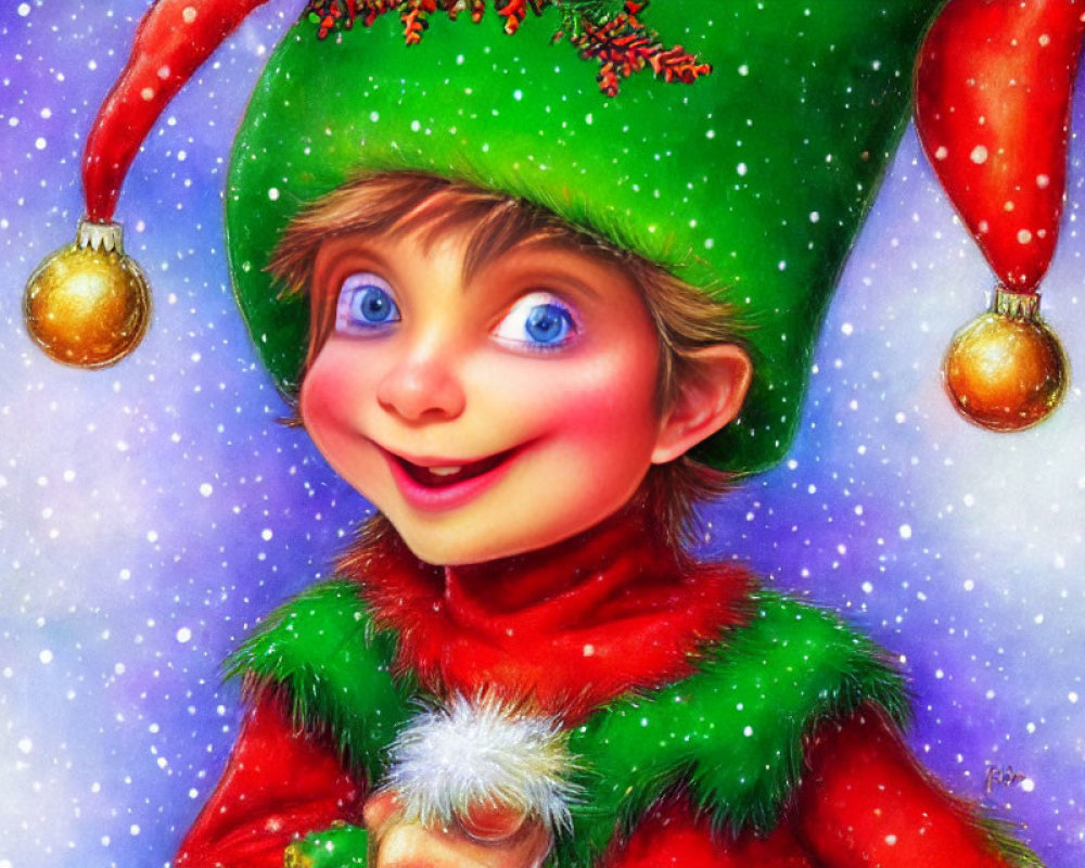 Cheerful elf illustration with big blue eyes in green and red outfit