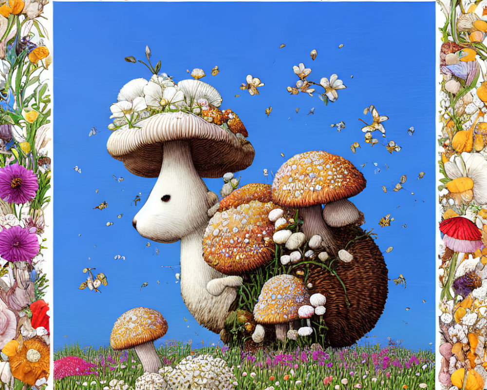 Colorful Mushroom Characters Amongst Flower Tapestry Under Blue Sky