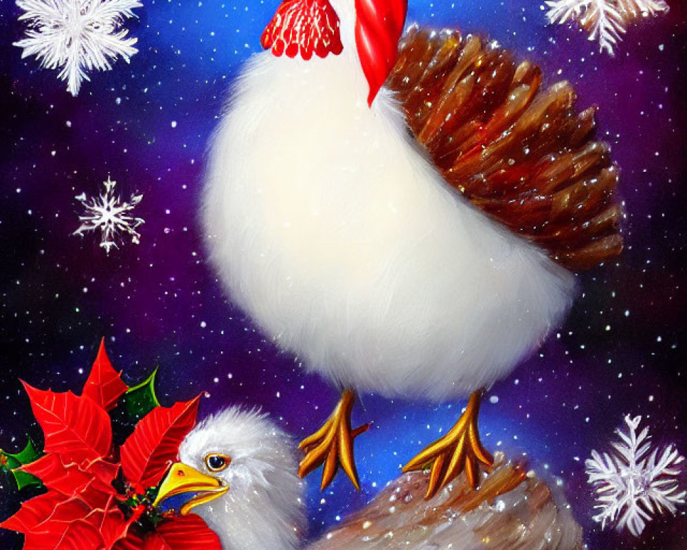 Illustration of two chickens in snowy setting with red accents