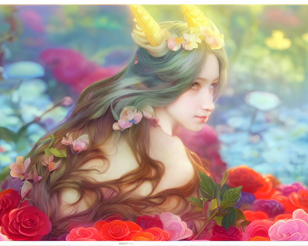 Fantasy creature with green hair and unicorn horn in floral garden