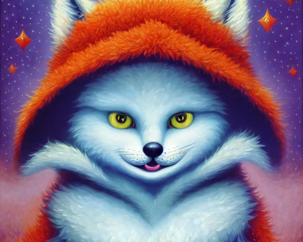 Blue-Furred Creature in Orange Cloak with Starry Night Background