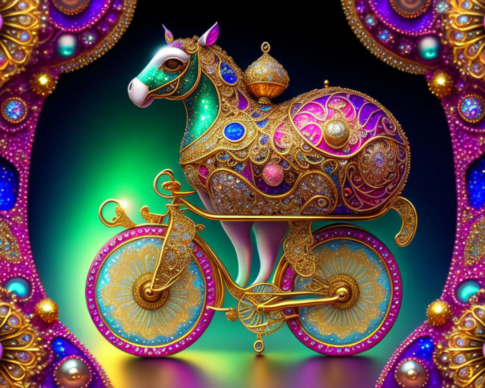 Colorful Horse-Head Bicycle with Ornate Patterns on Jewel-Toned Background