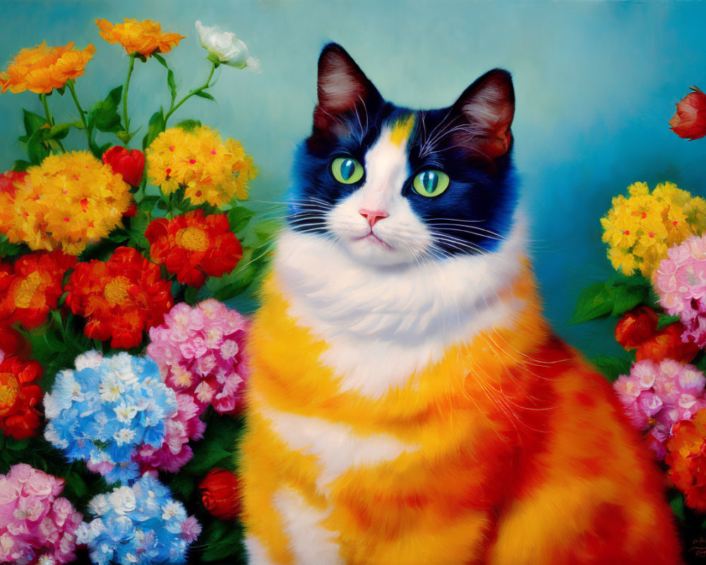 Vibrant tricolor cat painting with blue and green eyes and flowers on blue background