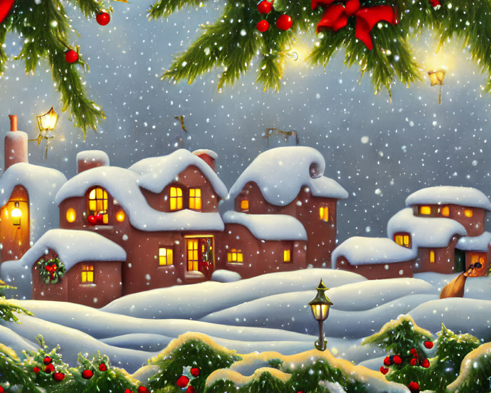 Winter Scene: Snow-Covered Houses and Christmas Decorations