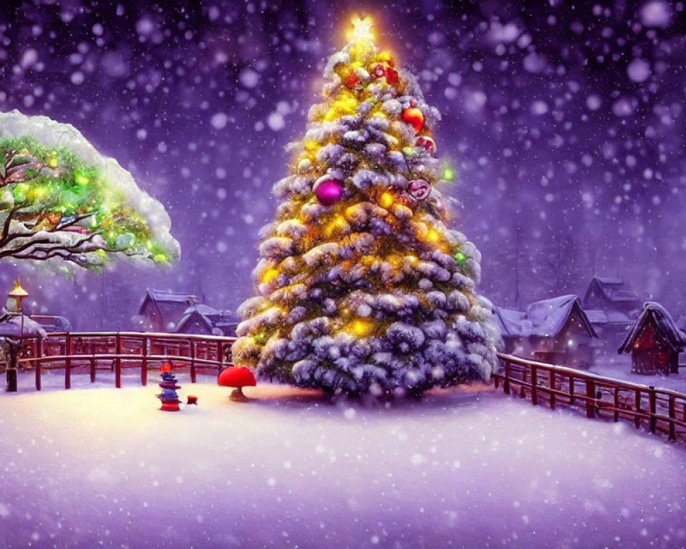 Colorful Decorated Christmas Tree in Snowy Night Landscape