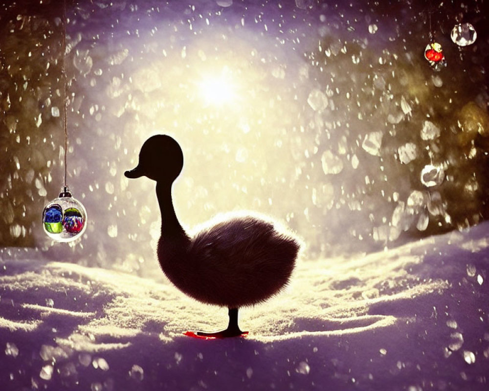 Silhouette of duck in snowy scene with falling snowflakes and Christmas ornaments