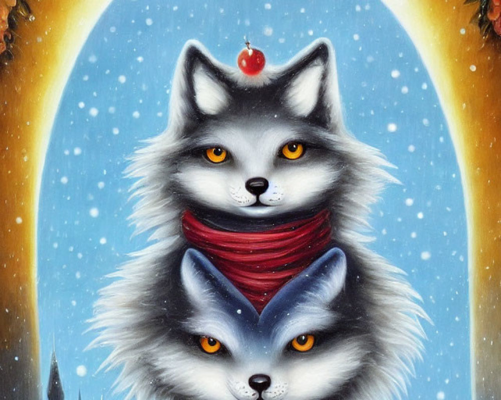 Stylized anthropomorphic foxes in winter attire embrace under snowfall