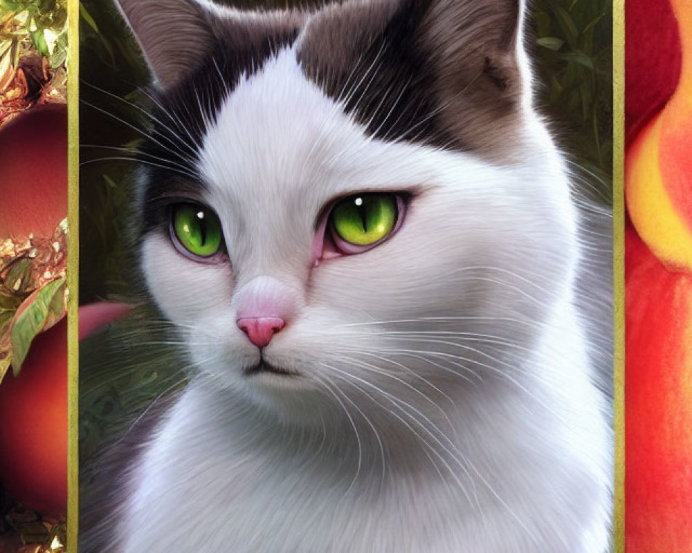 Two-toned cat digital painting with green eyes in golden frame and red fruit background