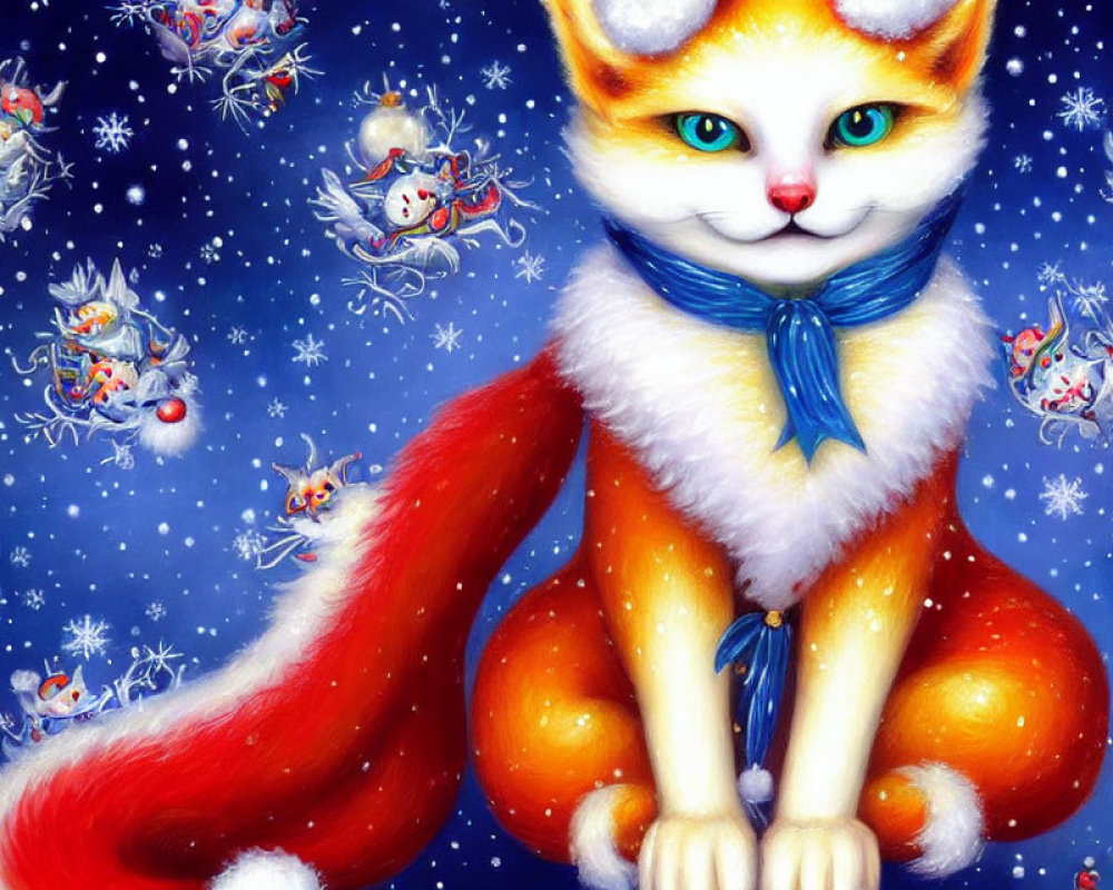 Whimsical illustration of large cat with fox tail in snowy scene