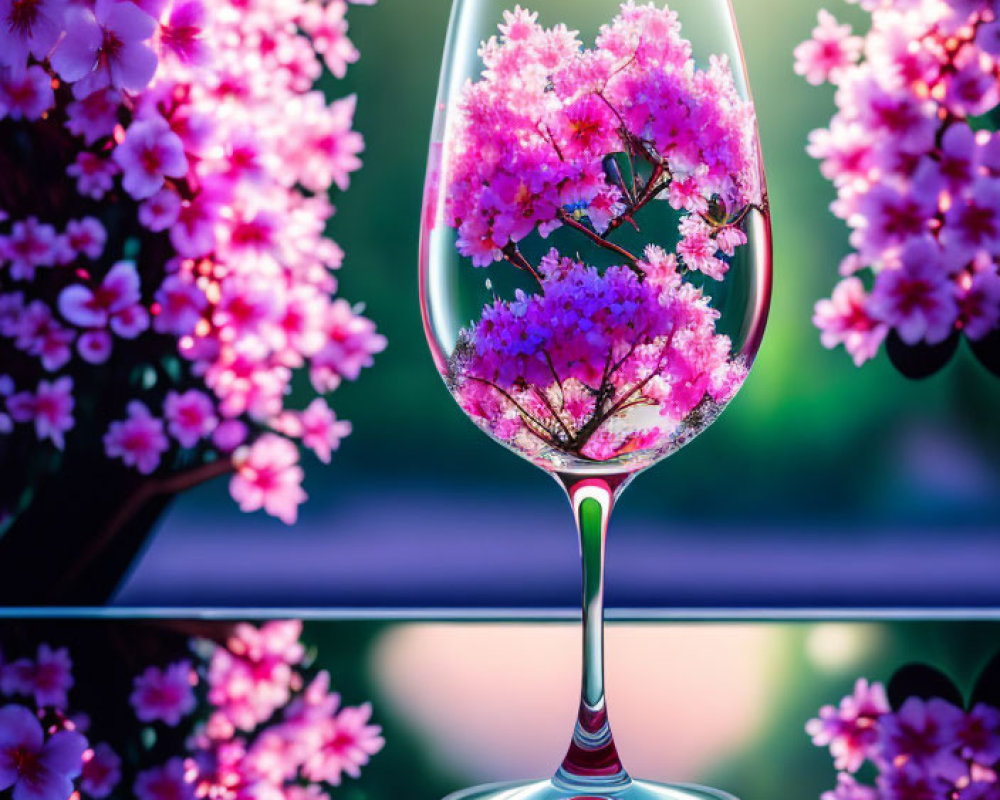 Pink cherry blossoms in wine glass on vibrant floral backdrop