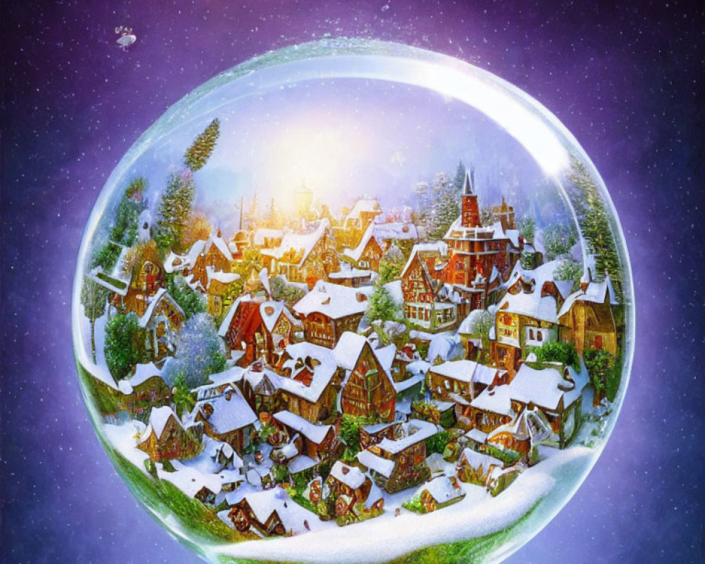 Snow-covered village in glass snow globe under starry sky at sunrise