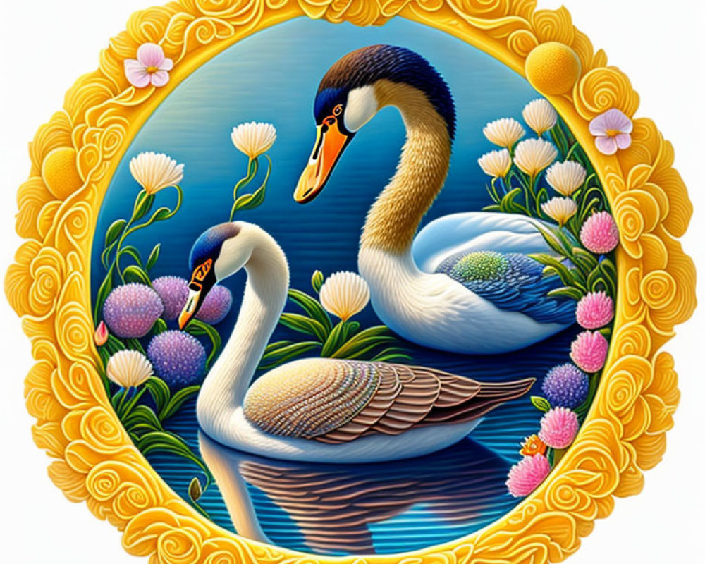 Elegant swans with elaborate feathers in golden frame amid lotus flowers