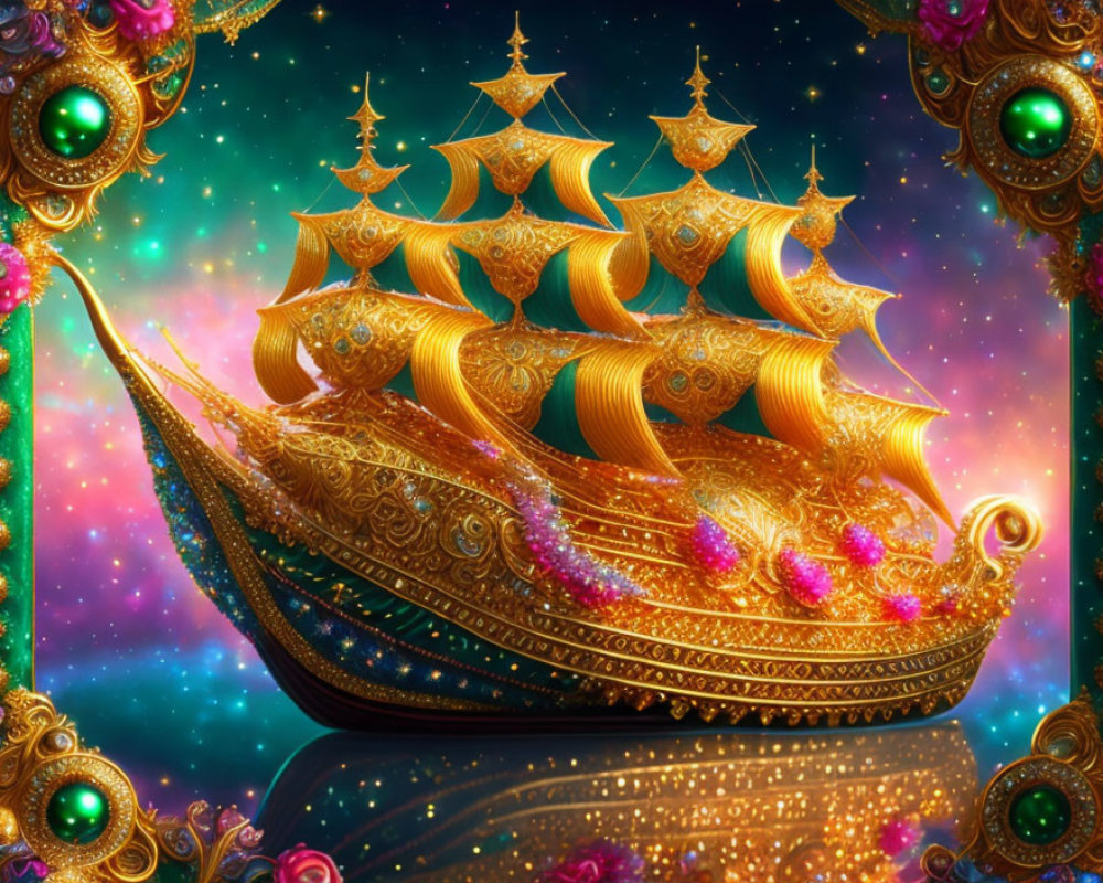 Golden ornate ship with multiple sails in cosmic background.