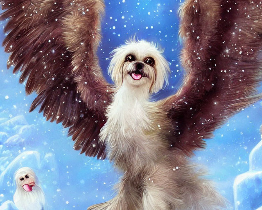 Illustration of small fluffy dog with wings flying in snowy landscape