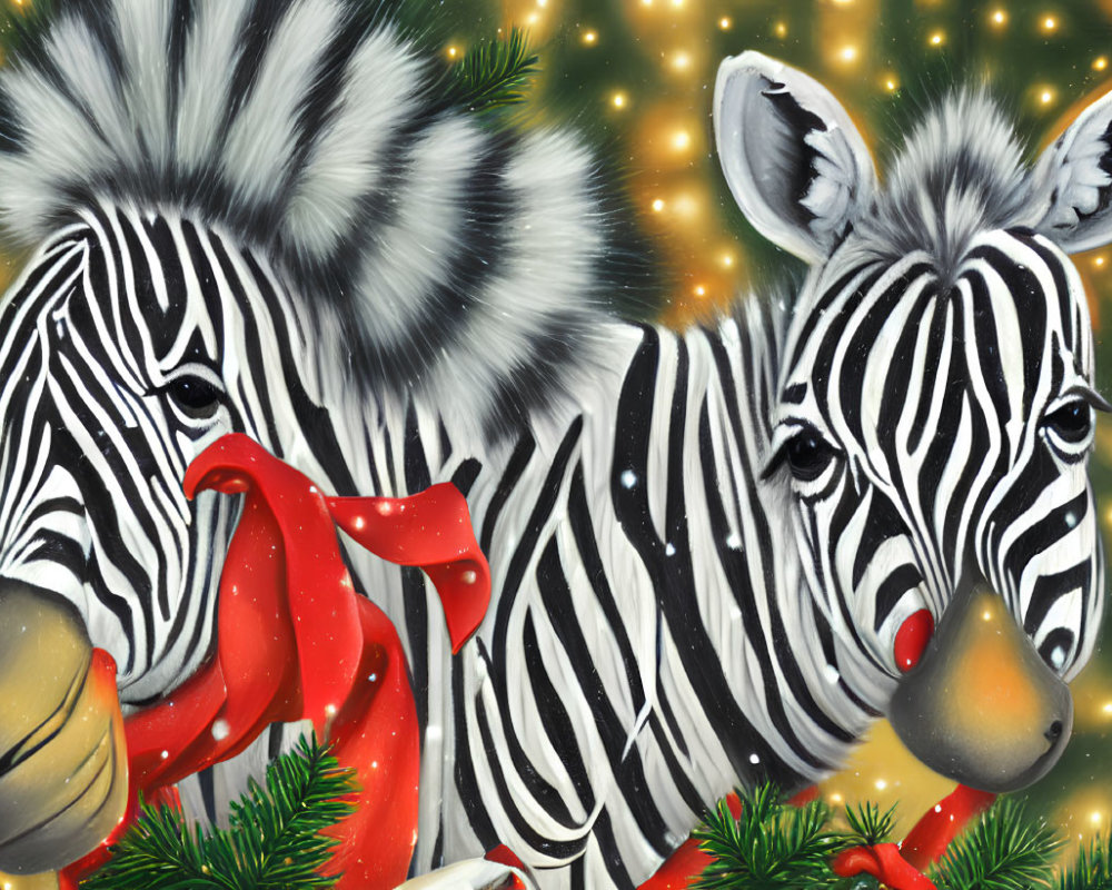 Illustrated Zebras in Christmas Attire on Festive Background