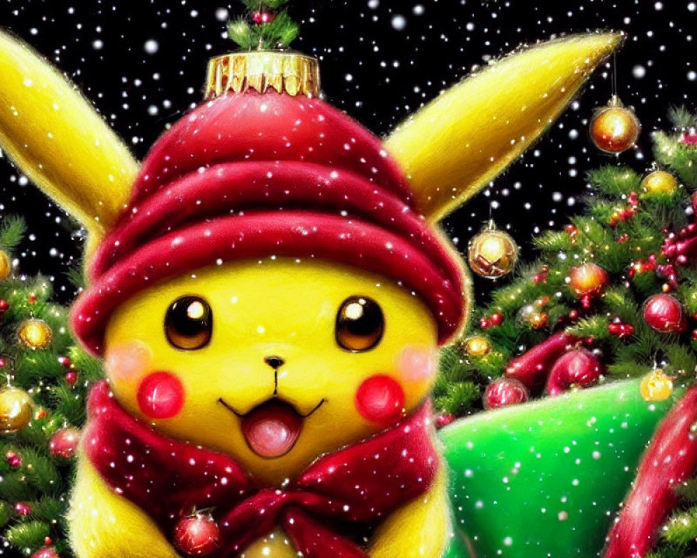 Festive Pikachu with Santa hat and scarf among Christmas trees