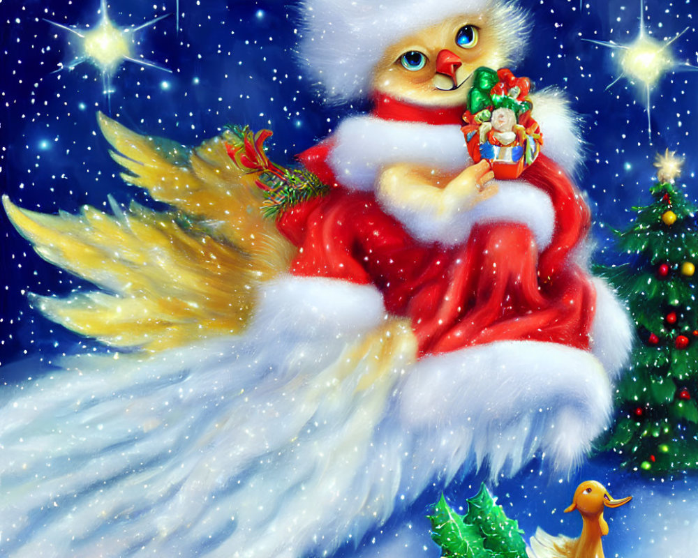 Whimsical cat as Santa Claus with wings, sleigh, and rubber duck in snowy scene