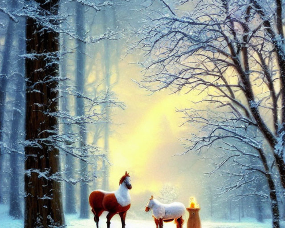 Winter Forest Scene: Snow-covered Path, Brown and White Horses, Golden Sunrise