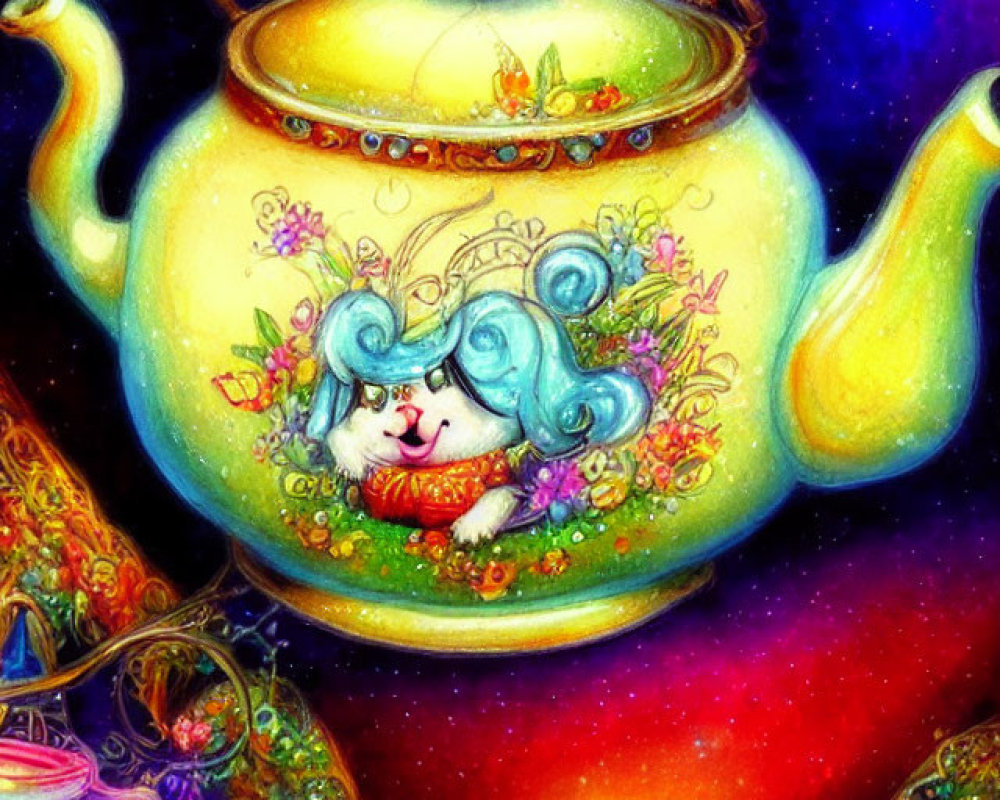 Colorful Teapot Illustration with Ornate Objects and Flamingo on Starry Background