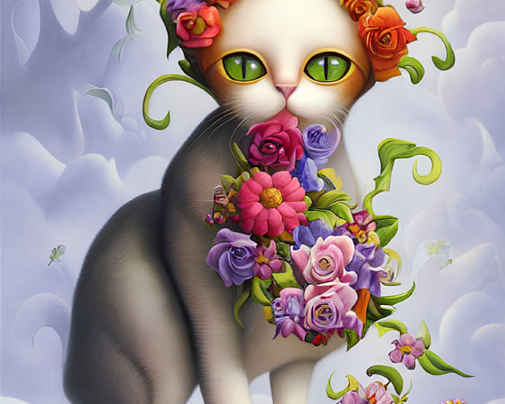 Grey Cat with Green Eyes Surrounded by Colorful Flowers and Cloudy Sky