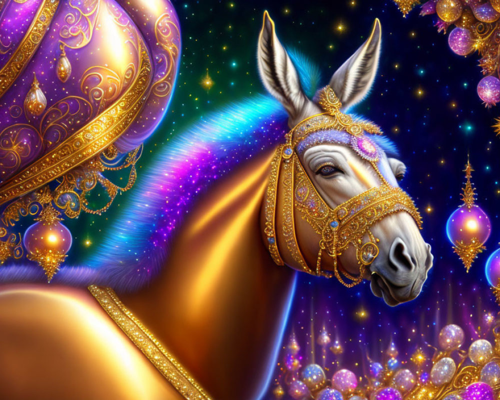 Colorful Digital Artwork: Decorated Donkey in Cosmic Setting