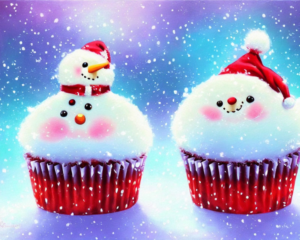 Festive snowman and Santa cupcakes on snowy blue background