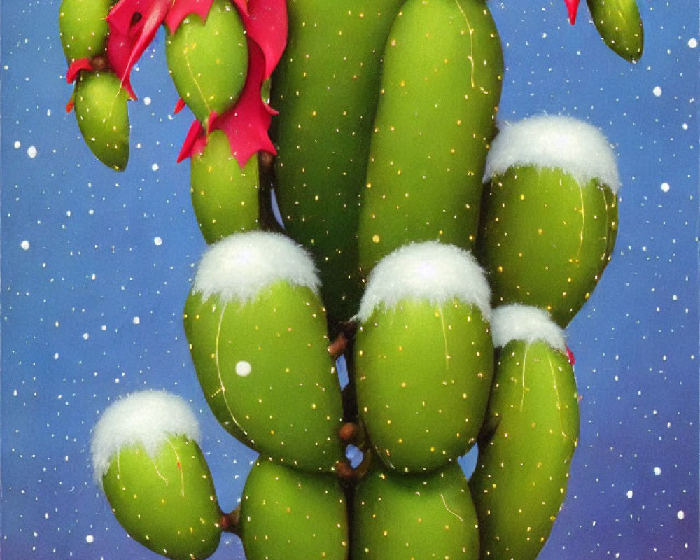 Pink Flowered Festive Cactus with Snow in Red Pot on Blue Background