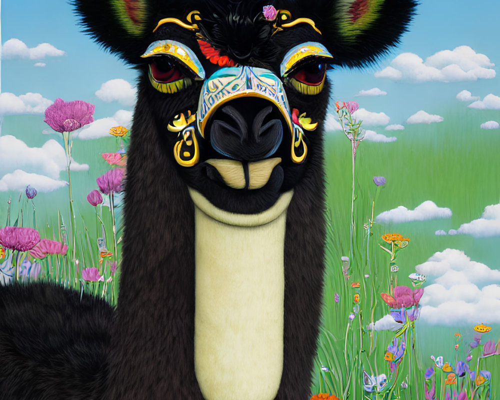 Whimsical smiling llama in colorful setting