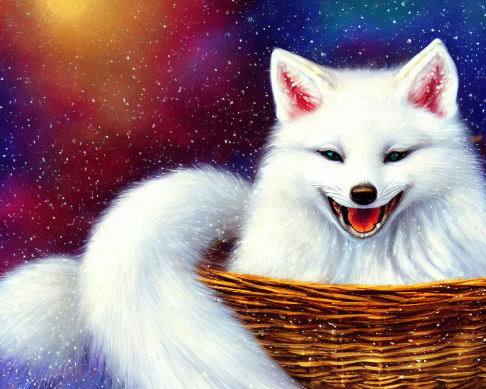 White Furry Fox in Basket on Cosmic Background with Snowflakes