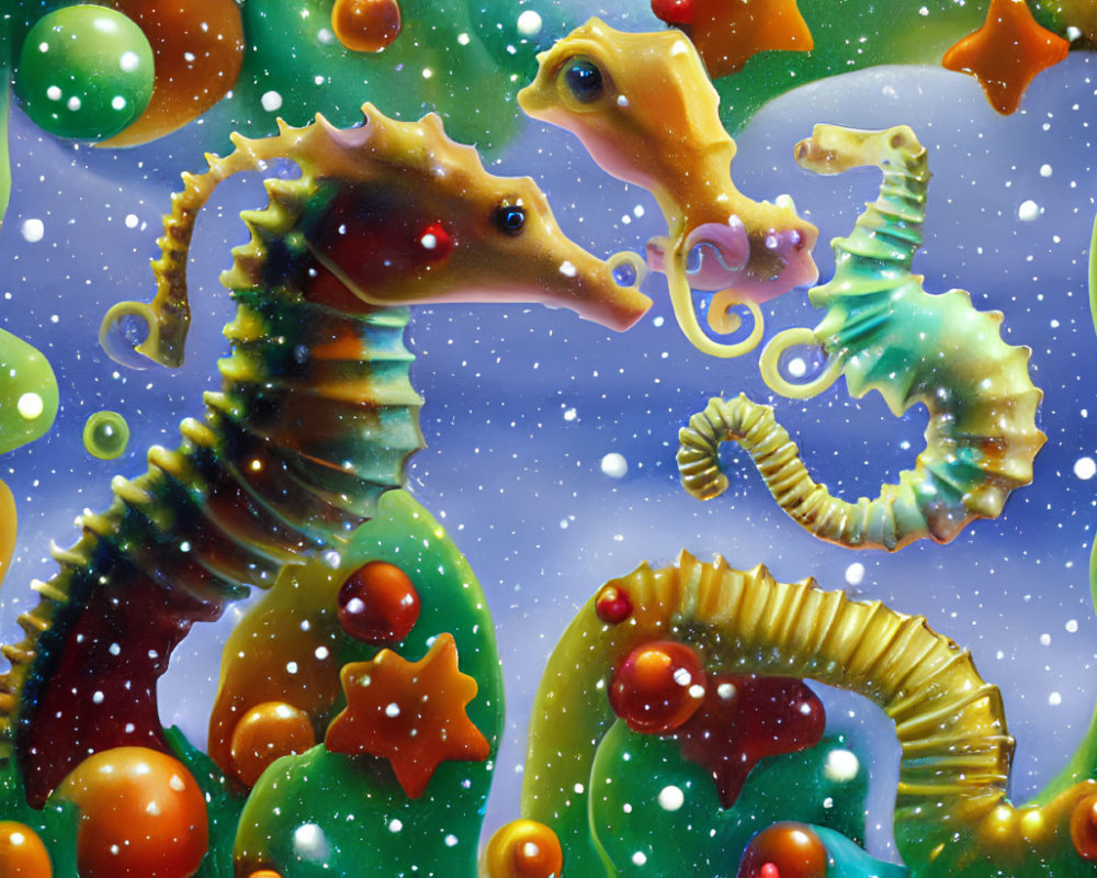 Vibrant Seahorse Illustration with Bubbles and Star-like Speckles