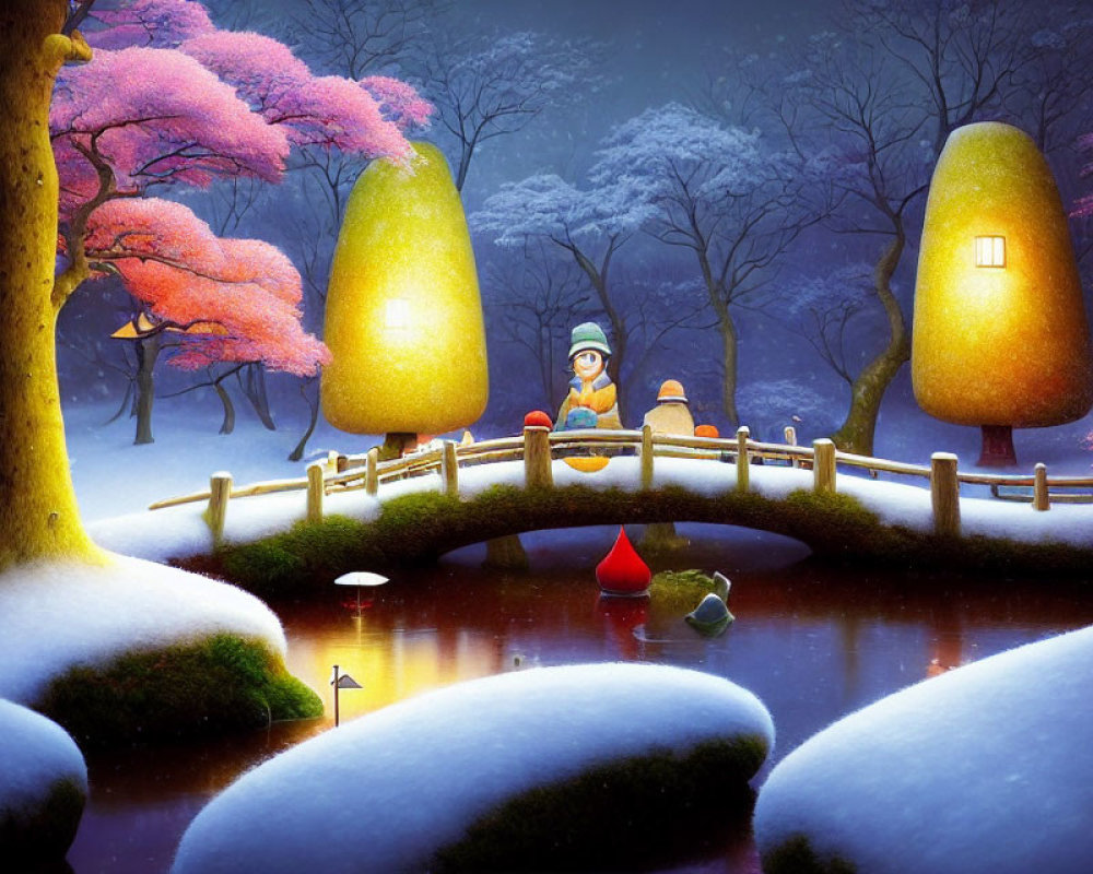 Child on bridge in whimsical winter garden with glowing trees and serene pond