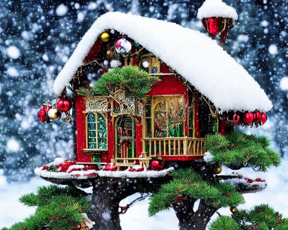 Miniature Christmas house on snow-covered bonsai tree in falling snowflakes