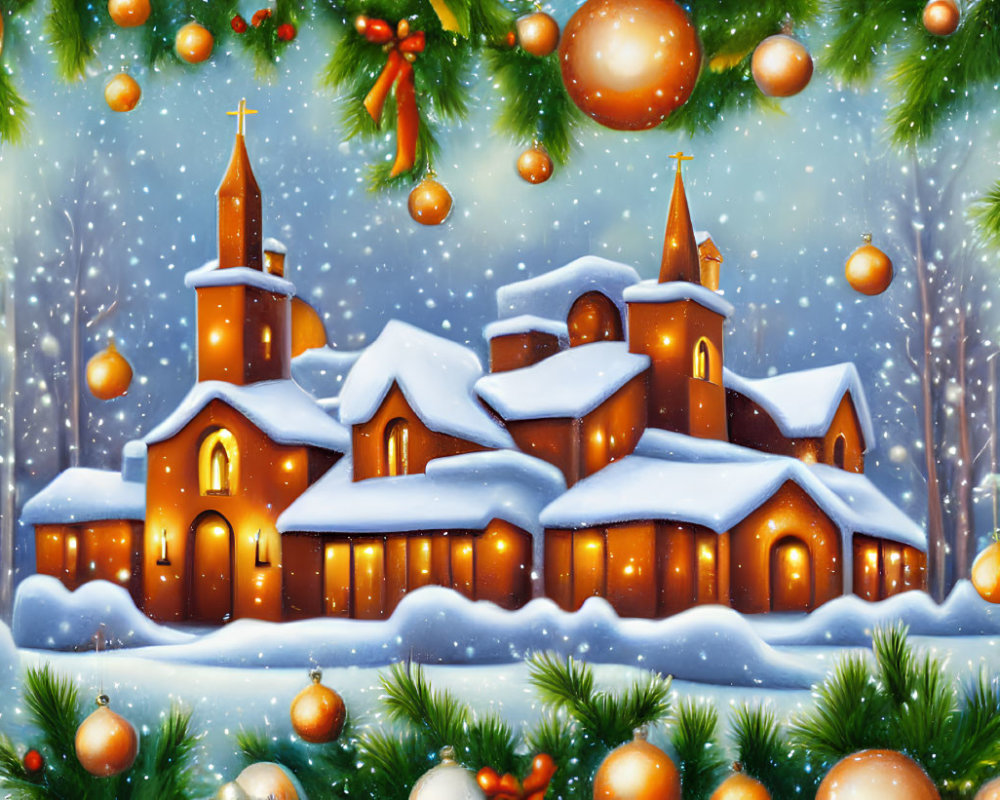 Snowy Church Scene with Glowing Windows and Christmas Decor