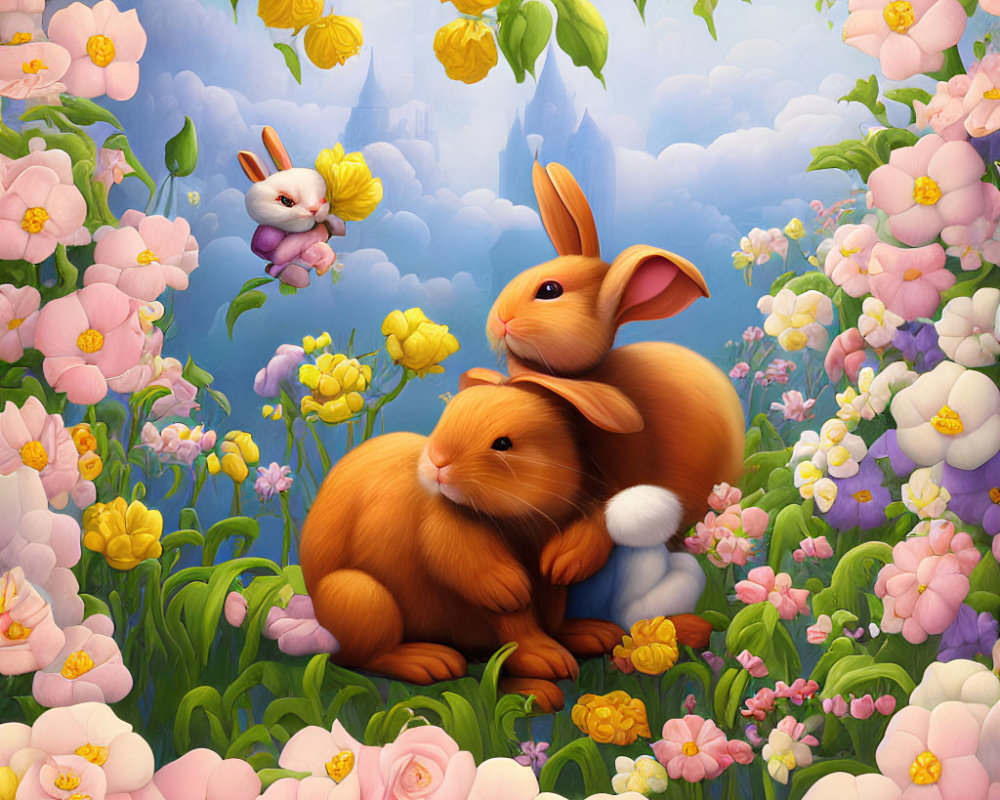 Vibrant orange rabbits with white bunny and castle in floral setting