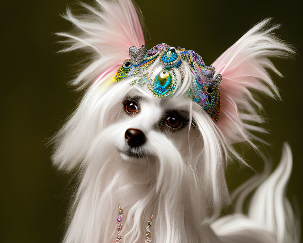 Fluffy white dog in jeweled headpiece and necklace on soft background