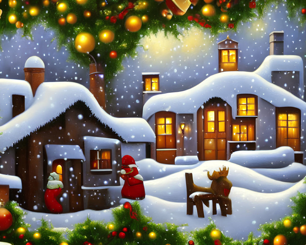 Winter Scene: Snow-covered Houses, Festive Decorations, Snowman, Reindeer, Falling