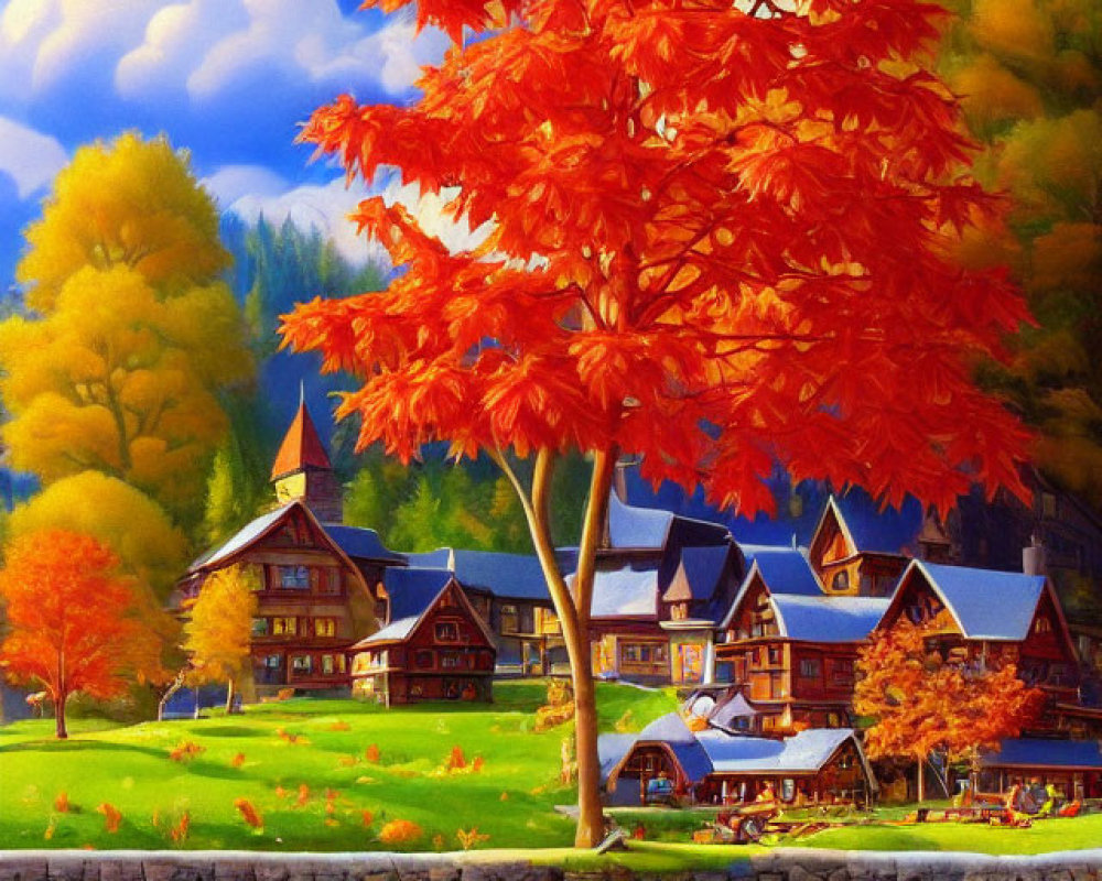 Scenic autumn landscape with red maple tree, blue lake, and cozy houses nestled in fall foliage