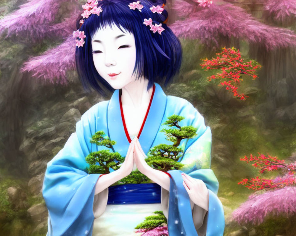 Blue-haired animated character in kimono meditating among cherry blossoms