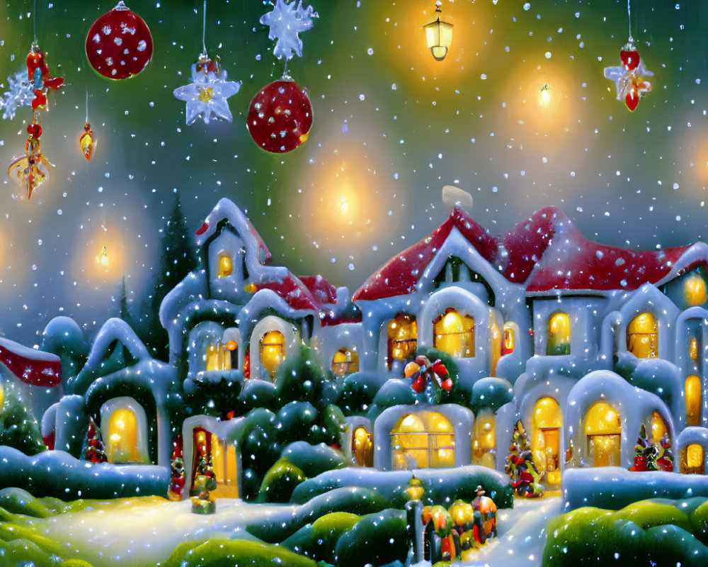 Snowy Holiday Scene: Warmly Lit House with Christmas Decorations