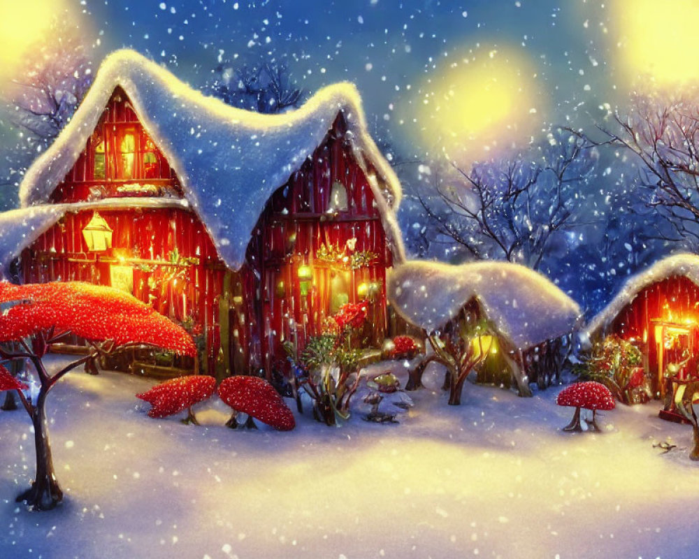 Snow-covered cottages in magical winter scene with glowing windows, red mushrooms, and falling snowflakes