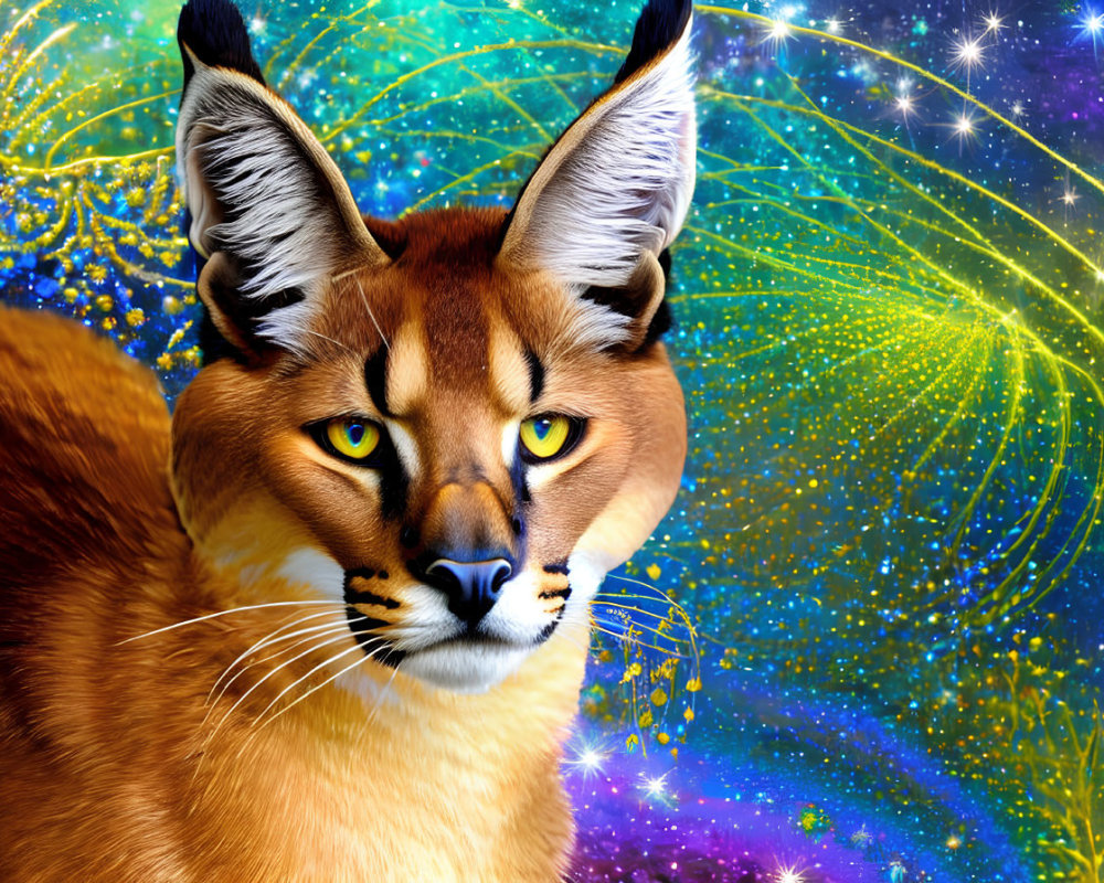 Digital artwork: Caracal with intense yellow eyes on cosmic background