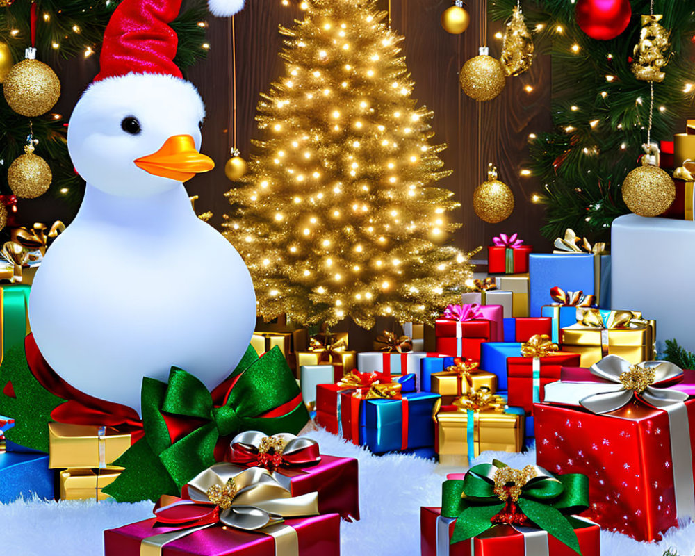 Festive Cartoon Snowman with Santa Hat and Gift Boxes by Christmas Tree