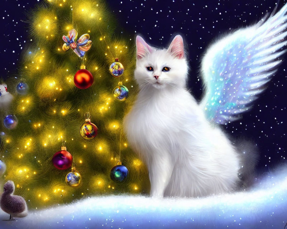 White Angelic Cat with Wings Beside Christmas Tree and Snowflakes