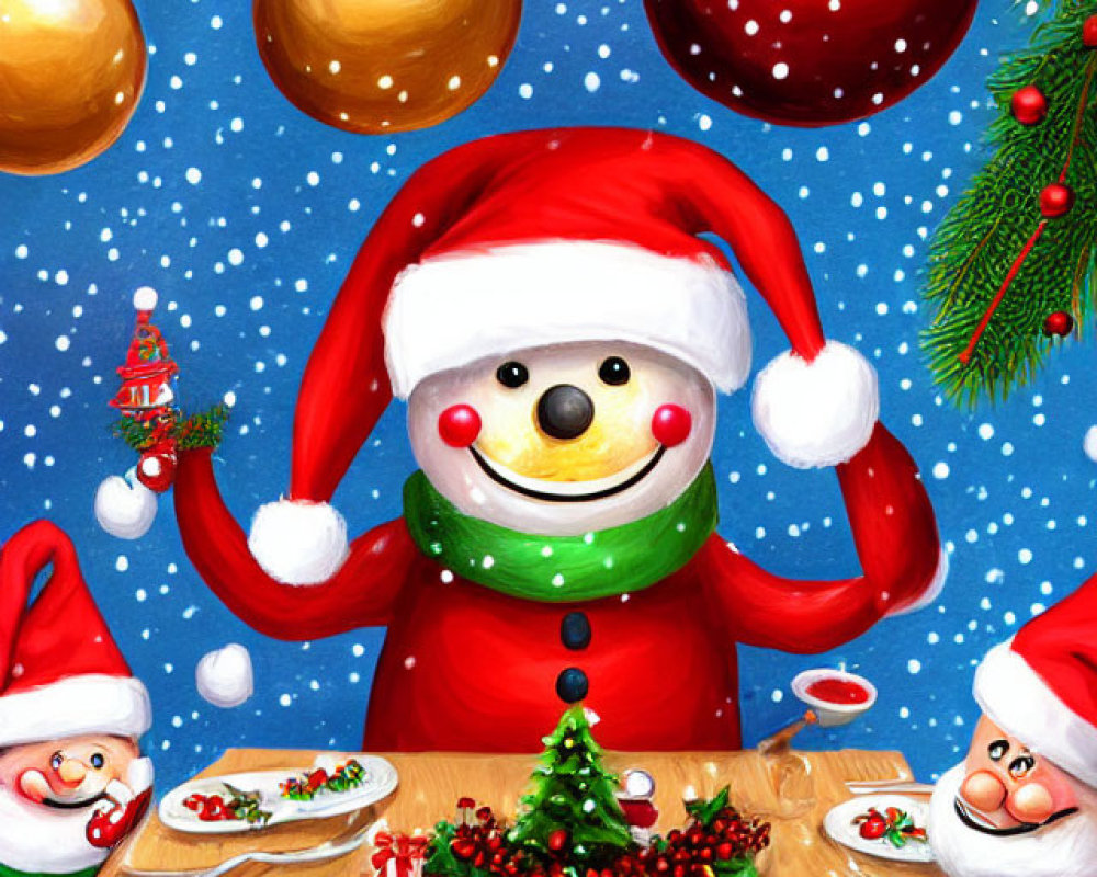 Festive Snowman with Santa Hat and Christmas Background