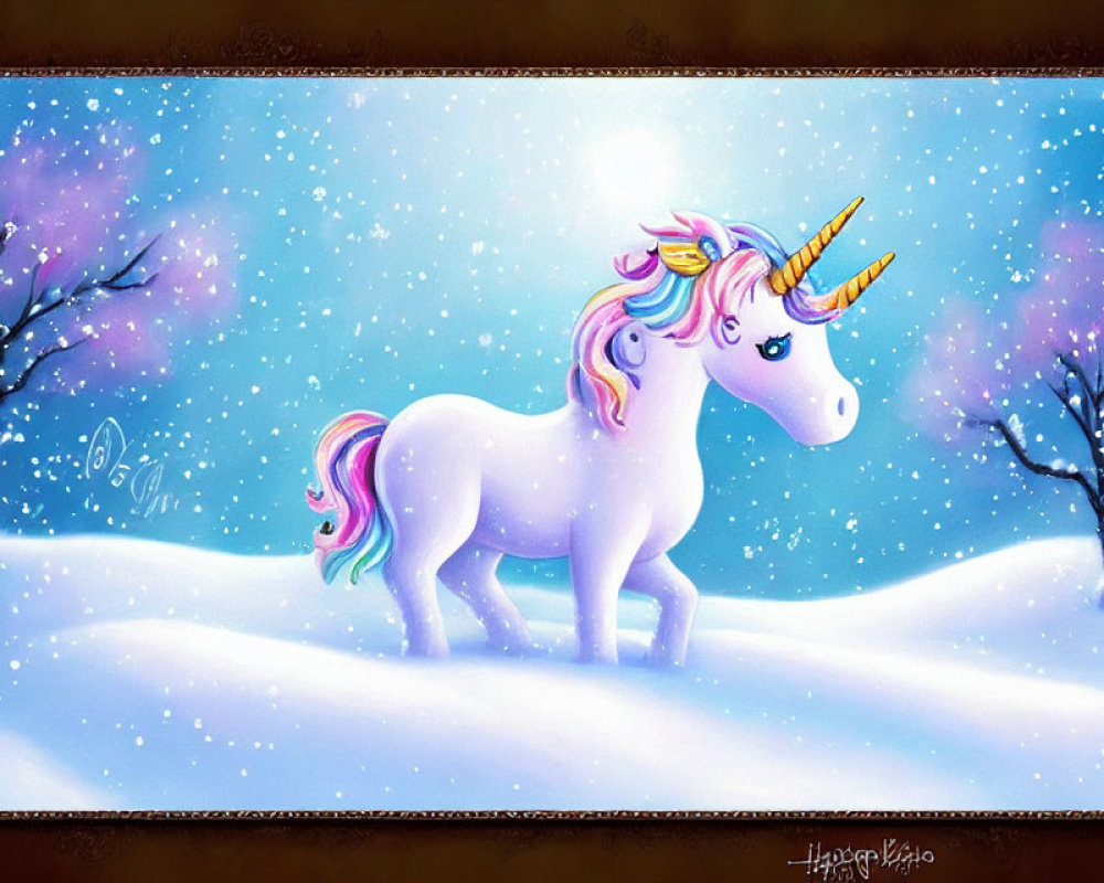 Illustrated unicorn with rainbow mane in snowy landscape with bare trees under starry sky