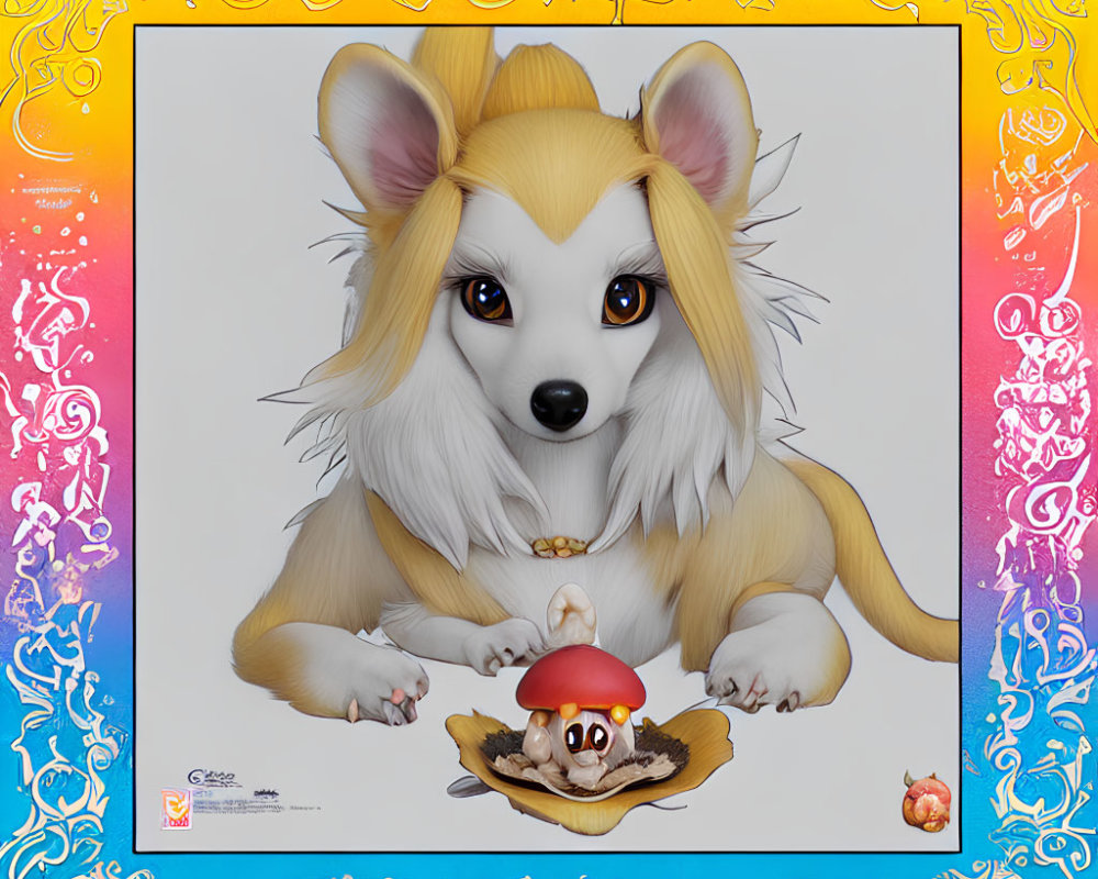 Stylized anthropomorphic dog with golden fur and red cap beside a bowl and peach on vibrant background