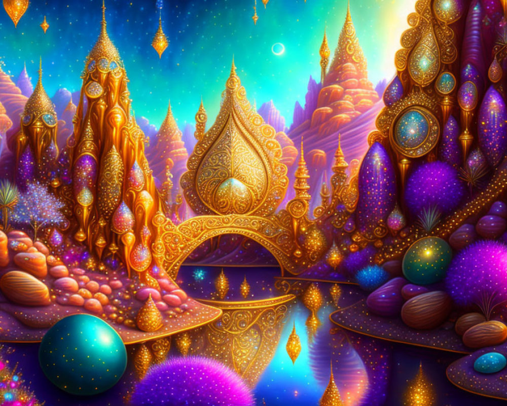 Colorful Fantasy Landscape with Golden-Domed Structures and Reflective Lake