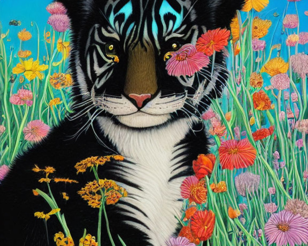 Colorful Tiger Painting Among Blossoming Flowers on Blue Sky